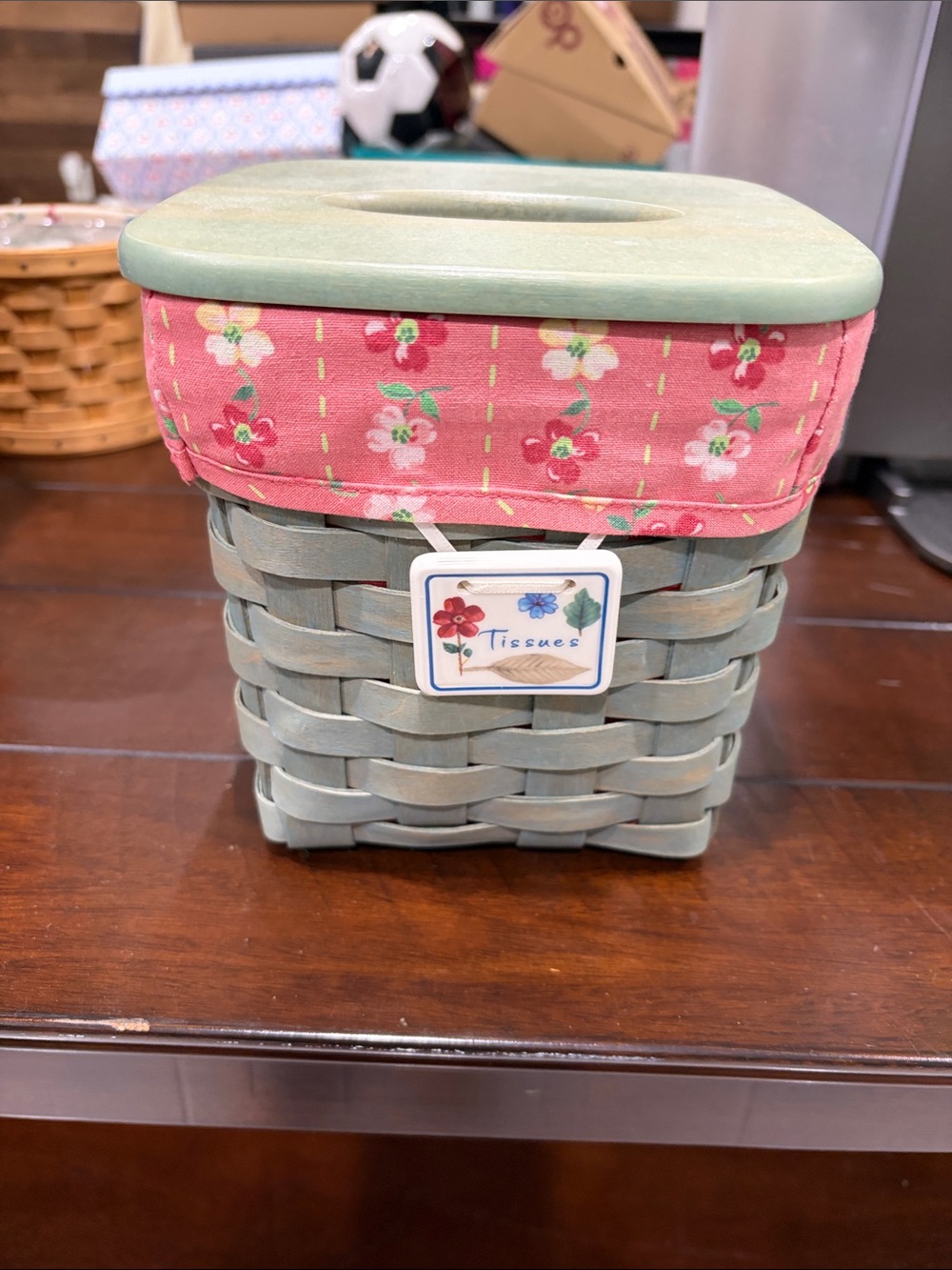 Longaberger Pink Floral and Sage Woven Tissue Basket
